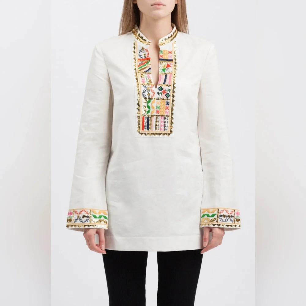 NWT $450 Tory Burch Embellished Linen-blend Tunic Blouse